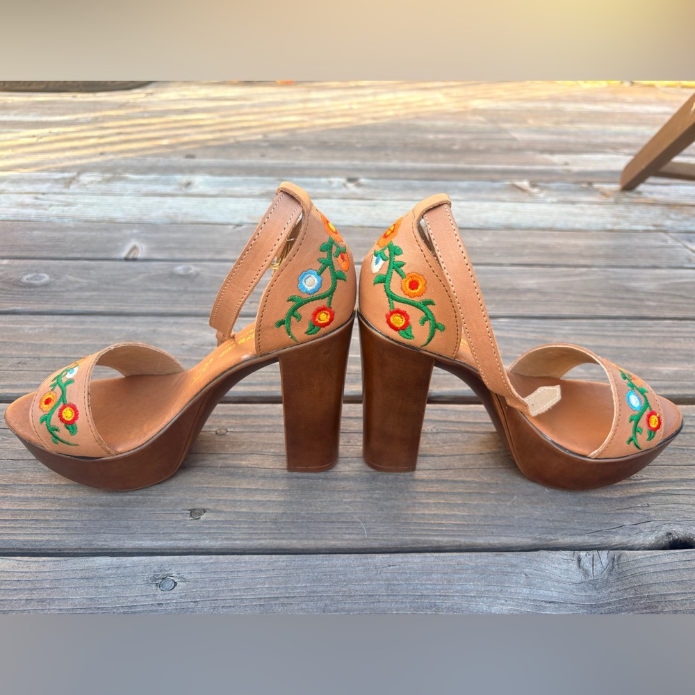 Tan Floral Embroidered Women's Heels - Picture 3 of 9